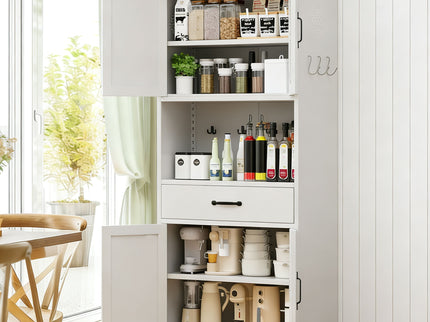 Kitchen Pantry Cabinet With Adjustable Shelves, Drawers, Hooks And Large Countertop - White