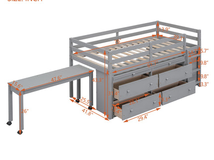 Loft Bed With Retractable Writing Desk And 4 Drawers, With Lateral Portable Desk And Shelves