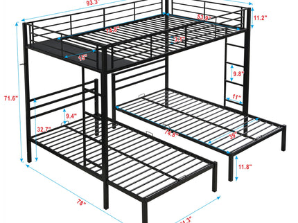 Modern Metal Triple Bunk Bed With Vertical Ladder, Safety Rail, And Storage Shelf - Black
