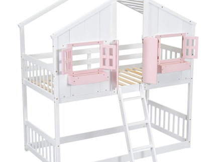 House Bunk Bed With Roof, Window, Window Box, Door, With Safety Guardrails And Ladder