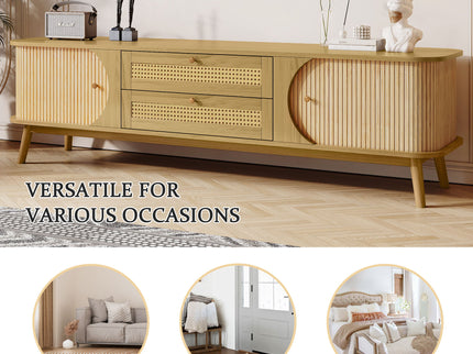 Rattan TV Stand For Tvs Up To 75'', Modern Farmhouse Media Console, Entertainment Center With Legs, TV Cabinet For Living Room, Home Theatre - Natural Wood