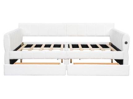 Queen Upholstered Platform Bed With USB Charging And 2 Storage Drawers - White