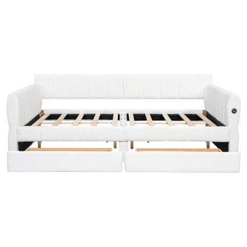 Queen Upholstered Platform Bed With USB Charging And 2 Storage Drawers - White
