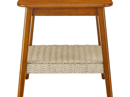 Mid - Century Square Side Table With Woven Shelf - Walnut