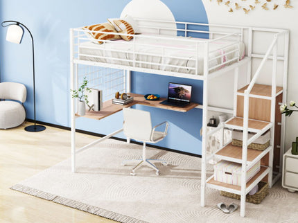 Loft Bed With Desk And Grid, Stylish Frame With Lateral Storage Ladder And Wardrobe