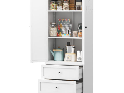 Pantry Cabinet With 2 Drawers, Freestanding Kitchen Storage Cabinet With Adjustable Shelves, Heavy-Duty Organizer For Spices, Dishware, Small Appliances - White