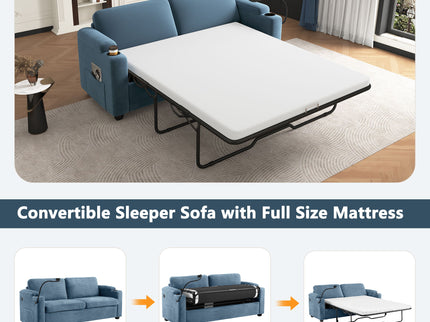Sleeper Sofa Loveseat Sofa With Full Size Mattress, 2 USB Ports, 2 Cup Holders, 2 Side Pockets And Phone Holder