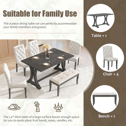 Dining Table Set With 4 Upholstered Chairs And Bench