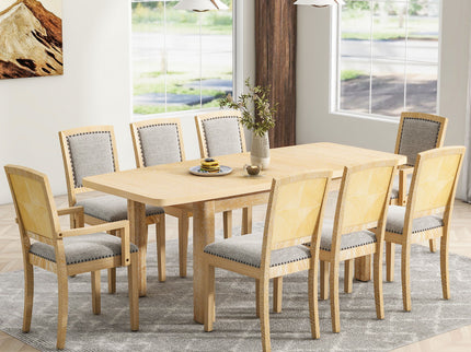 Topmax - Rustic Extendable Dining Table Set With Removable Leaf, 6 Upholstered Armless Dining Chairs And 2 Padded Arm Chairs, 9 Pieces