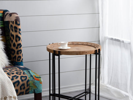 Round Side Table With Wood Top, End Table For Living Room Bedroom - Black Brown
