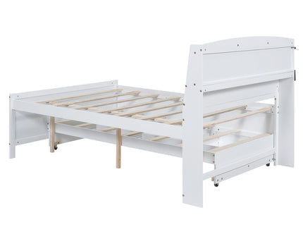 Full Size Platform Bed With Storage LED Headboard, Twin Trundle And 3 Drawers - White