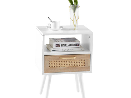 15.75" Rattan End Table With Drawer And Solid Wood Legs, Modern Nightstand, Side Table For Living Room, Bedroom