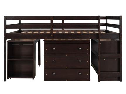 Loft Low Study Bed With Cabinet, Shelves And Rolling Portable Desk, Multiple Functions