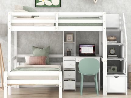 Loft Bed With Stand Alone Bed, Storage Staircase, Desk, Shelves, And Drawers
