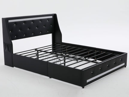 Wingback Upholstered Bed Frame With LED Lights, Charging Station