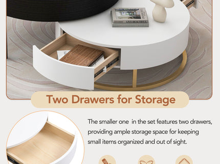Modern Round Lift-Top Nesting Coffee Tables With 2 Drawers