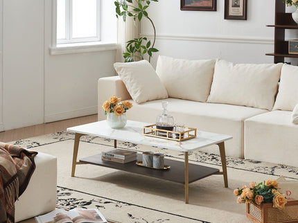 Coffee Table Rectangular Center Table For Living Room Open Space Side Table With Metal Frame - Golden / White