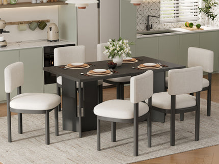 Dining Table Set With 6 Upholstered Chairs, Rectangular Table With Cutout Legs