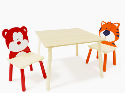 Table And 2 Chairs Set, Activity Play Table Set With Bear & Tiger Design - Natural