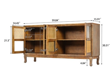 Retro Industrial 4 Door Sideboard With Large Storage, Rattan And Glass Doors