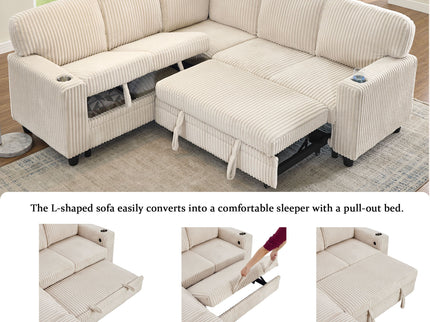 L-Shaped Sofa With Pull Out Sofa Bed With USB