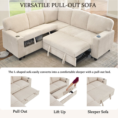 L-Shaped Sofa With Pull Out Sofa Bed With USB