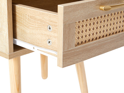 15.75" Rattan End Table With Power Outlet & USB Ports, Modern Nightstand With Drawer And Solid Wood Legs, Side Table For Living Room, Bedroom