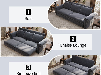 3 In 1 Convertible Sleeper Sofa With Nailhead Trim & Rolled Arm