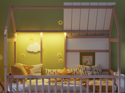 House Floor Bed With 7 Color LED Light, Built In Bookshelf