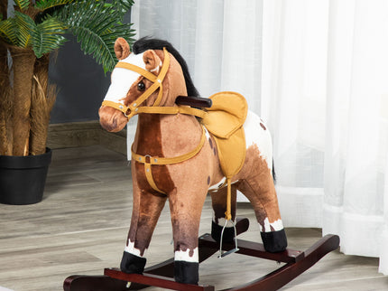 Qaba - Kids Metal Plush Ride-On Rocking Horse Chair Toy With Realistic Sounds - Dark Brown / White
