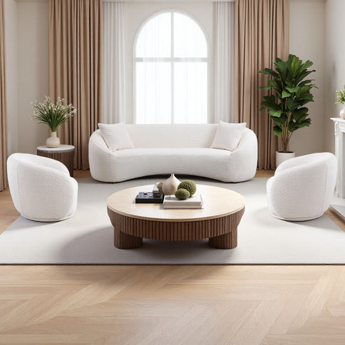 3 Piece Set Curved Sofa, Upholstered 3 Seater With Tight Curved Back For Living Room - White