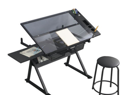 Adjustable Tempered Glass Drafting Printing Table With Chair