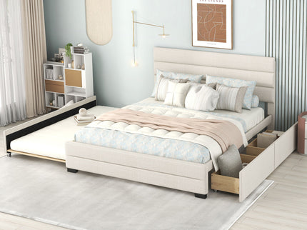Queen Platform Bed With Twin Trundle And 2 Storage Drawers - Beige