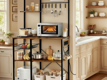 Bakers Rack With Power Outlet, Coffee Bar With S-Shaped Hooks, Kitchen Shelf With Wire Basket - Black / Brown