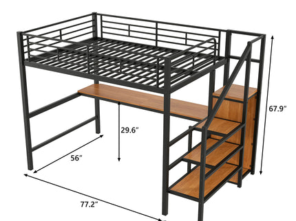 Loft Bed With Desk, Storage Staircase, Small Wardrobe And LED Light