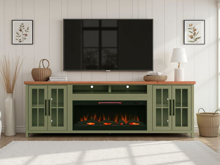 97" Fireplace TV Stand Console For TVs Up To 100" - Sage Green And Fruitwood Finish