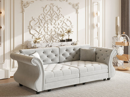 Oversized Chesterfield Pull Out Sofa Bed, Roll Arm Couch With Flower Tufting For Living Room