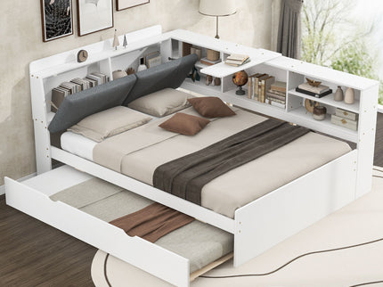 Platform Bed With Trundle, Shelves, And Storage Headboard