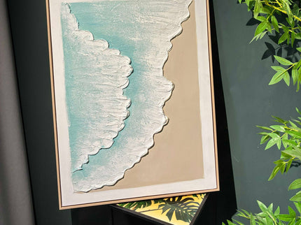 Framed Ocean Wave Wall Art, Textured Canvas Painting, Beach Decor For Living Room (Set of 2) - Aqua Blue