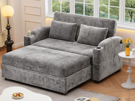 Pull Out Loveseat Sofa With Adjsutable Backrest, 2 Pillows, Cup Holders, USB Ports For Living Room