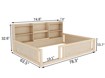 Platform Floor Bed With Guardrail Fence And Side Storage Shelves