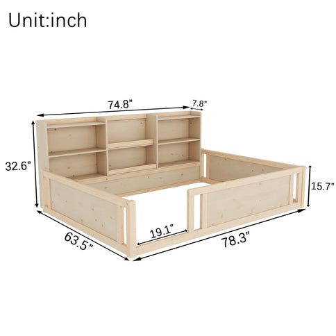 Platform Floor Bed With Guardrail Fence And Side Storage Shelves