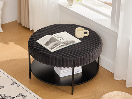 Modern Upholstered Round Ottoman Coffee Table With Storage Shelf