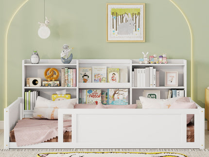Platform Floor Bed With Guardrail Fence And Side Storage Shelves