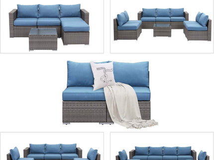 Armless Patio Sofa Set, With UV Resistant Frame And Waterproof Cushions - Blue / Brown