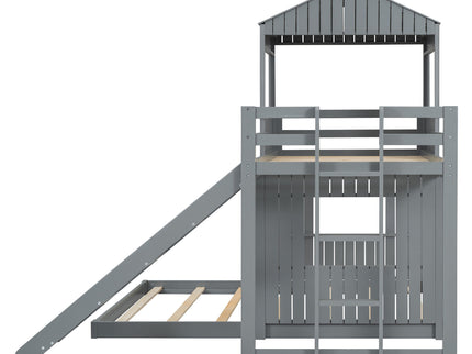 Loft Bunk Bed With Playhouse, Farmhouse, Ladder, Slide And Guardrails