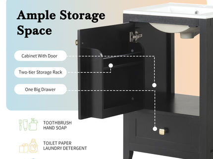 20" Bathroom Vanity With Sink Cabinet With Soft Closing Door, Drawer & Storage Rack - Black