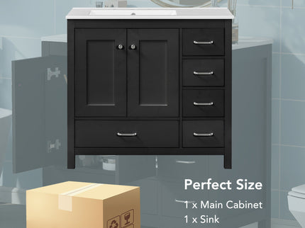 Bathroom Vanity With Ceramic Sink Combo, Abundant Storage Cabinet 2 Soft Close Doors And 5 Drawers