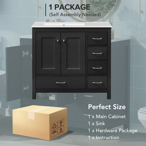 Bathroom Vanity With Ceramic Sink Combo, Abundant Storage Cabinet 2 Soft Close Doors And 5 Drawers