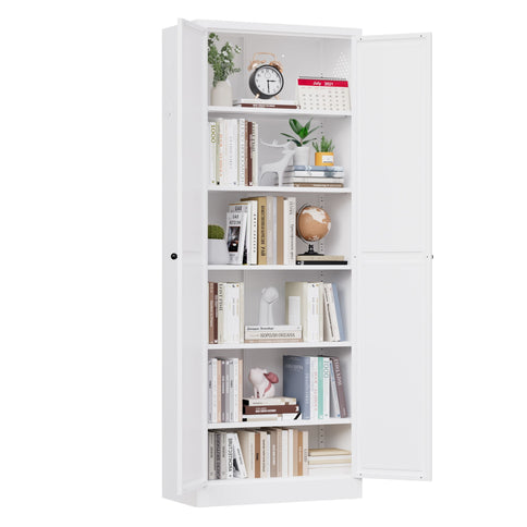 Kitchen Pantry Cabinet With Doors, Heavy-Duty Freestanding Storage Organizer With 5 Adjustable Shelves, Tool Free Assembly - White